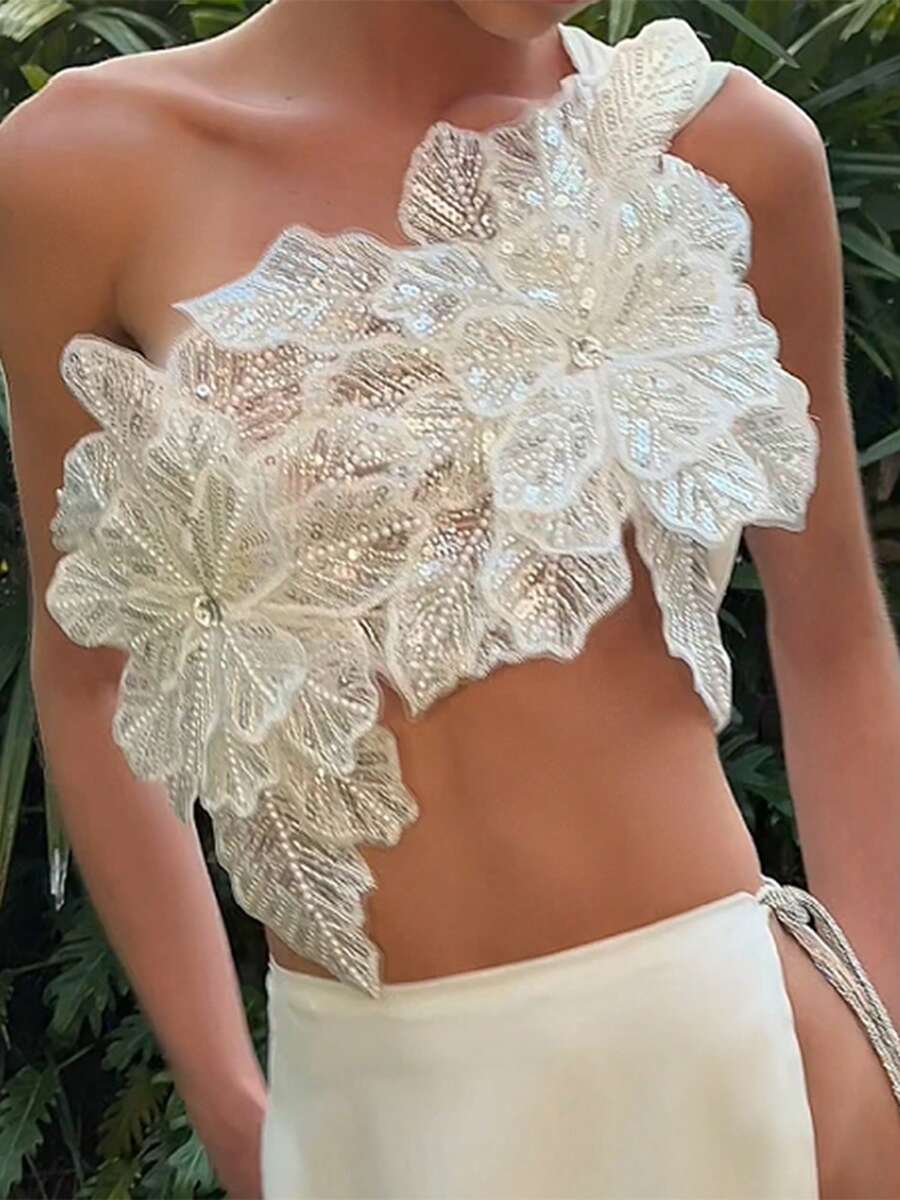 Women's 3D Flower Gorgeous Sequin Decor One Shoulder Sleeveless Bandeau Top Slim Fit Going Out Party Camisole - 白色 - 查看 1