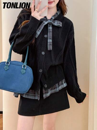 tonlion Tonlion Women's Autumn/Winter Plaid Patchwork Loose Knit Pullover Sweater