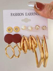 10-22pcs Fashionable Minimalist Elegant Vintage Faux Pearl Flower Twist Bow Heart Geometric Round Asymmetrical Exaggerated Metal Earring Set, Suitable For Holiday, Party, Date, Gift, Daily Wear - Yellow Gold - View 10