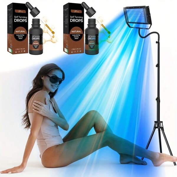 KTS Home UV-Free Blue Light Relax Tanning Lamp Solarium - 50W High-Density Face & Body Sun Lamp With 2 Modes (Constant & Pulsating), 5 Brightness Levels, Daylight Spectrum For All Light Beige Tones, USB-Powered, Includes 2 Optional Tanning Lotion Bottles (Black), Sun Tanning Products, Indoor Sunbed Alternative, Adjustable Stand, Durable Construction, Beauty Enthusiasts