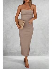 Women's Summer Bodycon Maxi Tube Dress Ribbed Strapless Side Slit Long Going Out Casual Elegant Party DressesHalloween Christmas New Year - 卡其色 - 查看 7
