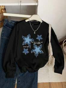 ClothesCasual Minimalist Blue Star Patch Print Pattern Black Crew Neck Oversized Loose Fit Women Hoodie Sweatshirt Autumn And WinterLoose And Comfortablewinter Clothes For Women - màu đen - Xem 1