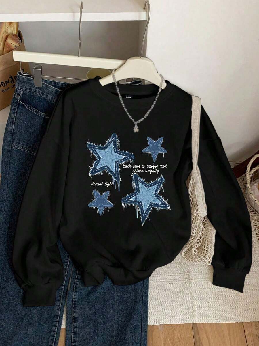 ClothesCasual Minimalist Blue Star Patch Print Pattern Black Crew Neck Oversized Loose Fit Women Hoodie Sweatshirt Autumn And WinterLoose And Comfortablewinter Clothes For Women - màu đen - Xem 1