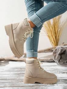 Damskie, jesienno-zimowe, sznurowane, krótkie botki z płaskim dnem i okrągłym noskiem w kolorze moreli, z kolekcji 2025, modne, wysokiej jakości, lekkie, antypoślizgowe buty sportowe do pracy na świeżym powietrzu, damskie, miękkie, wygodne i ciepłe, śniegowce, buty dla studentek na Halloween, sportowe, rekreacyjne i uniwersalne, smukłe buty motocyklowe