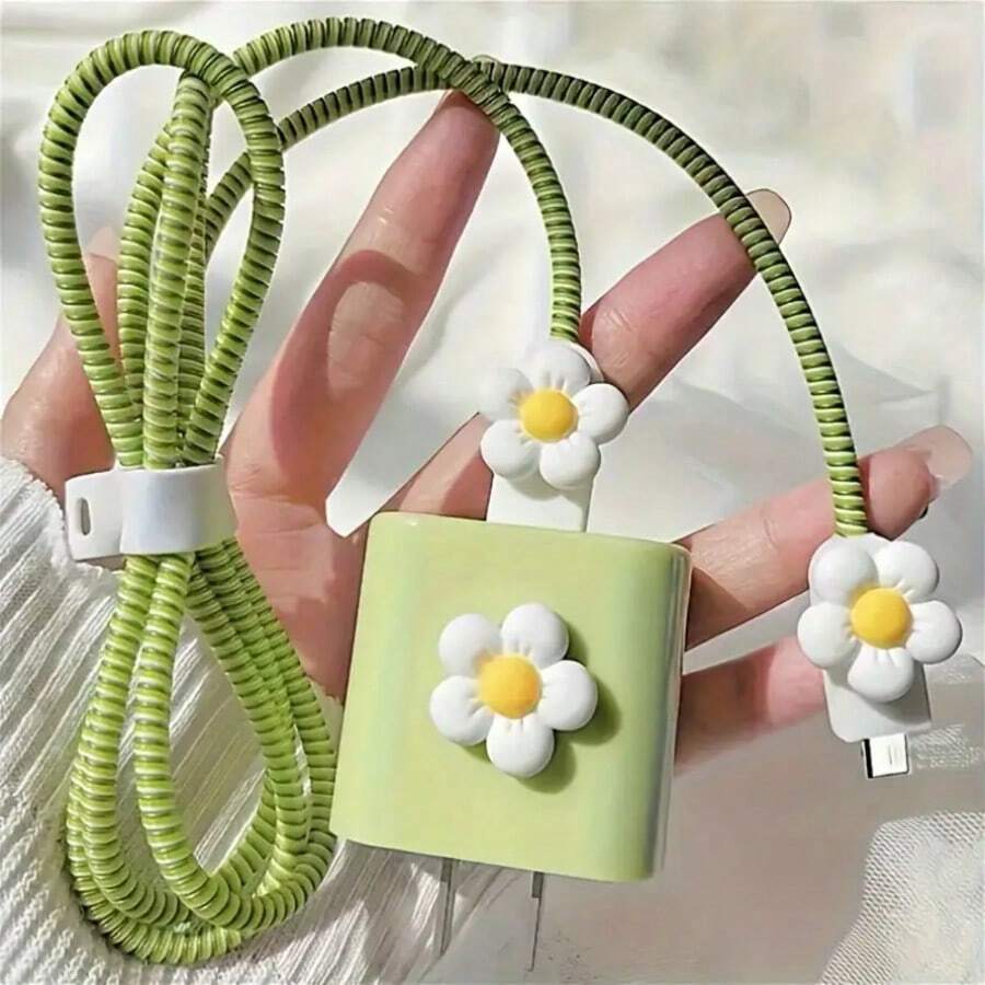 简约花卉充电保护壳，适用于 Apple 14/13/16/15 系列快速充电适配器，20W 充电器保护壳，理想礼物 - 綠色 - 查看 1