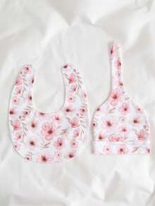 Set da 2 pezzi: Cappellino per bambini con motivo floreale a fiori di pesco rosa + bavetta sciarpa, adatto per bambini da 0 a 3 mesi, regalo perfetto per neonati