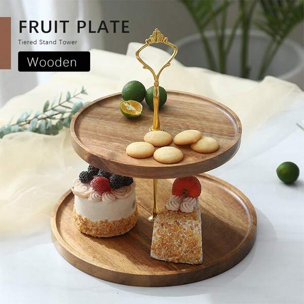 Tiered Stand Tower Wooden Multi-Layered Fruit Plate, Table Organizer With Metal Stand, Candy Plate For Afternoon Tea Dinner Party Big Birthday Tiered Tray Stand Dessert Tree Tower