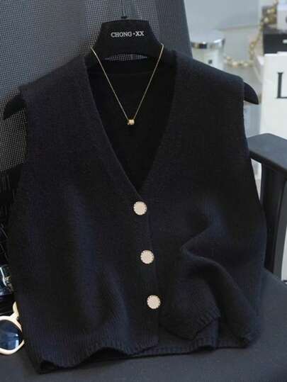 1 件纯白色针织纽扣 V 领无袖夏季开衫毛衣背心