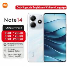 Xiaomi Redmi Note14 智能手机配备联发科天玑 7025-Ultra 处理器、5110mAh 高容量电池，性能持久，6.67 英寸大显示屏和超大音量，仅支持英语和中文。