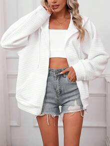 Plus Size Women Hooded Drawstring Long Sleeve Zip-Up Casual Sports Jacket