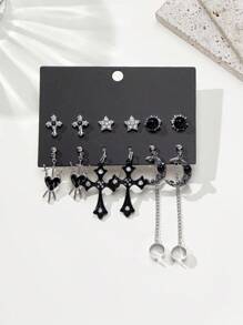 6 Pairs Gothic Cross, Sunflower, Pentagram, Crescent Moon, Raven, Pentagram, Skull Fashionable Earring Set