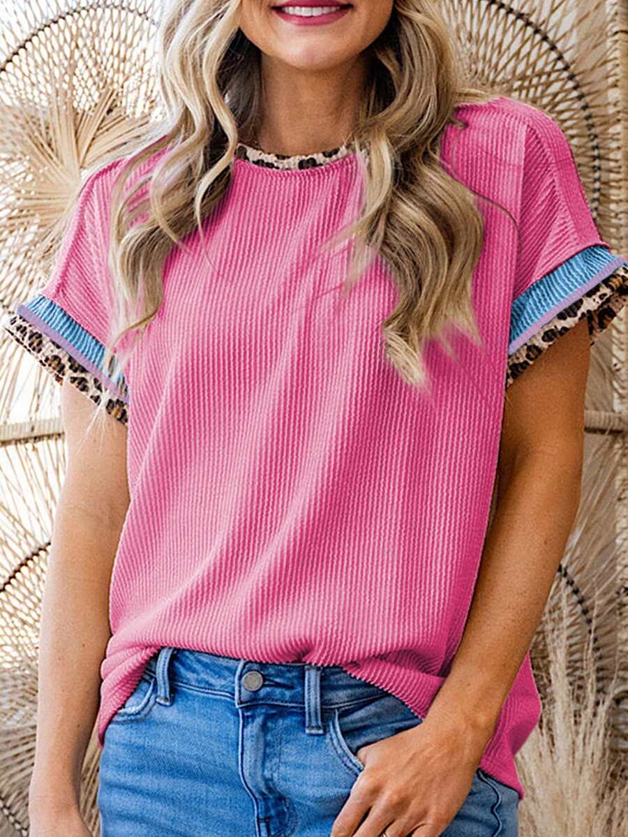 Acelitt Summer Solid Color Patchwork Leopard Print Collar Design Short Sleeve Round Neck T-Shirt Pink Casual - Pink - View 1
