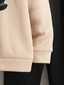 两件套男童休闲时尚字母印花落肩连帽卫衣和裤子套装，带保暖内衬连帽卫衣和裤子，适合秋冬季穿着 - 卡其色 - 查看 6