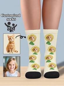 1 Pair Of Customized Children's And Adult Face Socks. Suitable For All Seasons, Soft And Comfortable, Suitable For Daily Use. Holiday Gifts, Birthday Gifts, Back To School Gifts. Interesting, Personalized, Creative, Sunflower, Multi-Color, Friends, Family, Grandchildren, Customized Cat And Dog Pictures, Custom Photo Sock, Custom Printed Socks, Personalized Funny Face Socks