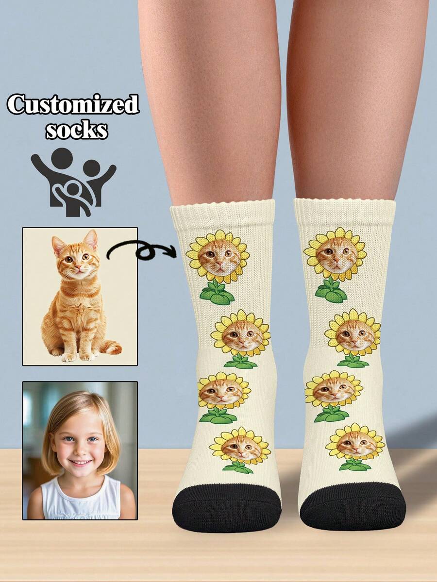 1 Pair Of Customized Children's And Adult Face Socks. Suitable For All Seasons, Soft And Comfortable, Suitable For Daily Use. Holiday Gifts, Birthday Gifts, Back To School Gifts. Interesting, Personalized, Creative, Sunflower, Multi-Color, Friends, Family, Grandchildren, Customized Cat And Dog Pictures, Custom Photo Sock, Custom Printed Socks, Personalized Funny Face Socks