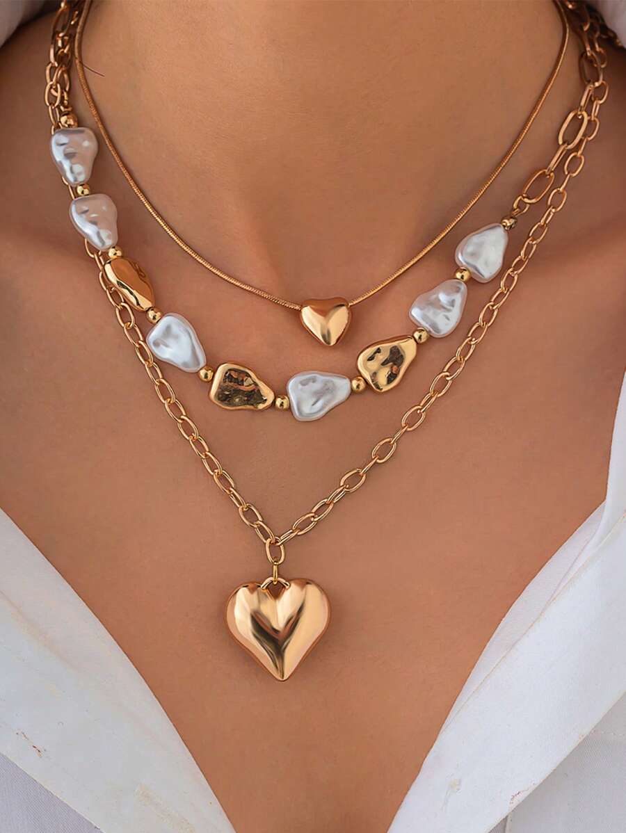 3 Stücke/Set minimalistischer mehrlagiger Halskette, modische Herz-Quasten-Choker-Halskette, asymmetrische Metall-Halskette, vielseitig