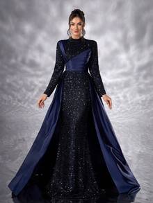 YISIKADO 女士正式晚礼服，优雅亮片撞色缎面高领长袖连衣裙，奢华闪亮舞会礼服，婚礼宾客礼服，适合毕业典礼、晚宴、春季派对等场合。 - 藏蓝色 - 查看 6