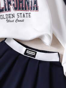 Set de 2 piezas: Sudadera de manga larga y falda plisada mini estilo colegial dulce para niñas, otoño - Azul Marino - Ver 5