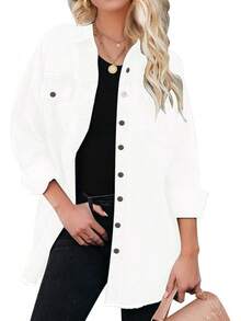 Vetinee Women's Oversized Button Up Frayed Hem Shacket Long Sleeve Pockets Denim Jean Jacket - Brilliant White - 查看 8