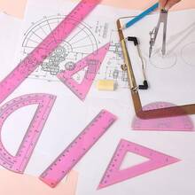 1 Set de Útiles de Geometría de Plástico Incluye Dibujo, Transportador de 6 Pulgadas y 4 Pulgadas, Reglas de 45/60 Grados de 12 Pulgadas y 6 Pulgadas, Suministros de Oficina Transparentes (Rosa) - Rosa - Ver 7