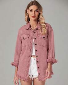 Vetinee Women's Oversized Button Up Frayed Hem Shacket Long Sleeve Pockets Denim Jean Jacket - Faded Rose - 查看 3