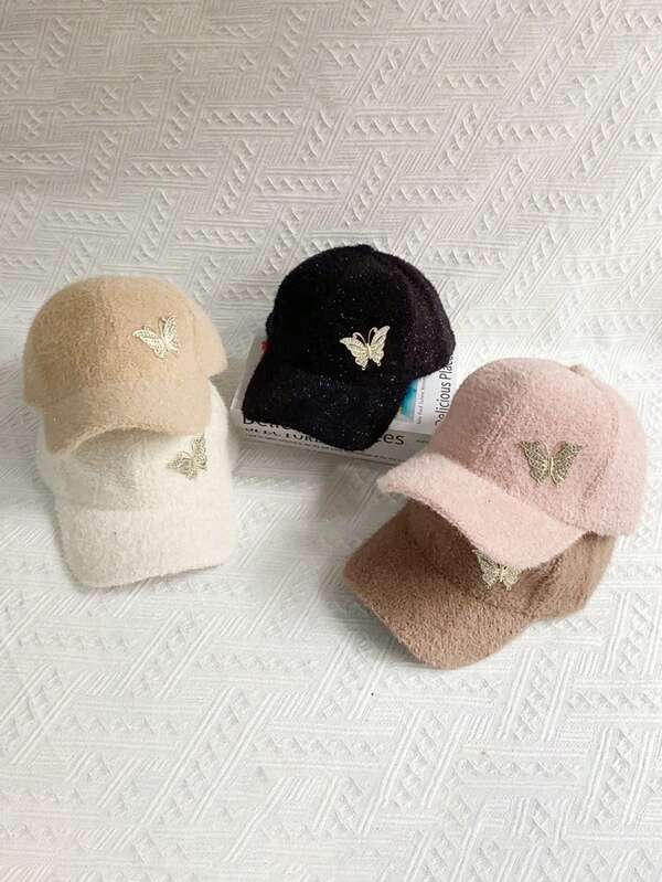 1 Women's Diamond-Encrusted Butterfly Hat, A Korean-Style Fashionable And Versatile Baseball Cap For Autumn And Winter, Made Of Shiny Silk And Plush Material, Warm, With A Duckbill.
