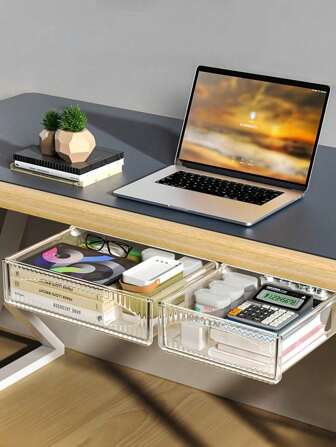 1 Pack Under Desk Storage Drawers, Self-Adhesive Slide-Out Hidden Desk Organizer, 9.5" Large & 7" Small Durable PET Plastic Drawer For Office, Home, Study Table, And Workspace Organization Accessories, Easy-To-Install Stick-On Storage Solution S Simple Style Foldable Cloth Storage Box Closet Dresser Drawer Divider Organizer Basket Bins For Underwear Bras Decorations