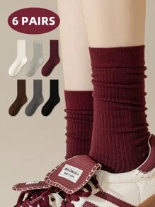 1/5/6 Pairs Women Socks, Encore Solid Color Ribbed Mid-Calf Socks, Simple & Versatile For Outdoor Casual Wear, Indoor Black & White Ladies Socks, Autumn/Winter