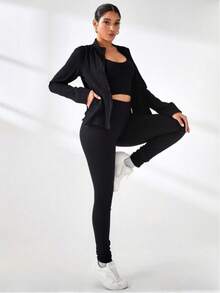 Women's 3-Piece Fitness Set Kit: Gym Clothing, Yoga Jacket, Top, And High-Waisted Leggings - màu đen - Xem 4