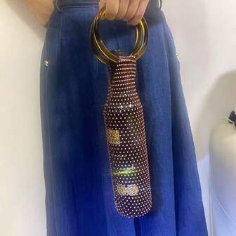 Women's Glitter Silver Rhinestone Water Bottle Wine Bottle Bag Chain Loop Handle Open Top, Reusable Wine Tote Gift Bags, Wine Gift Bags For Wine Bottles And Gifts, Party Wine Bags, Wine Bags For Weddings, Birthdays, Blind Tastings, Christmas