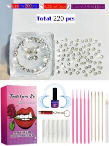 220 Stücke selbstklebende Zahnedelsteine DIY-Set, modischer Zahnschmuck, Kristall-Strass-Aufkleber, super glänzende weiße Zahndekorationen, Schmetterling-Flachdiamanten, Zahnschönheits-Materialiensatz, europäischer & amerikanischer Hip-Hop Goth Y2K Stil, inklusive aller Werkzeuge
