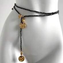 Vintage Bohemian Style Heavy Gold Coin Pendant Black Obsidian Beaded Necklace Long Layered Waist Chain For Women - 古著波西米亞風腰鏈 - 查看 1