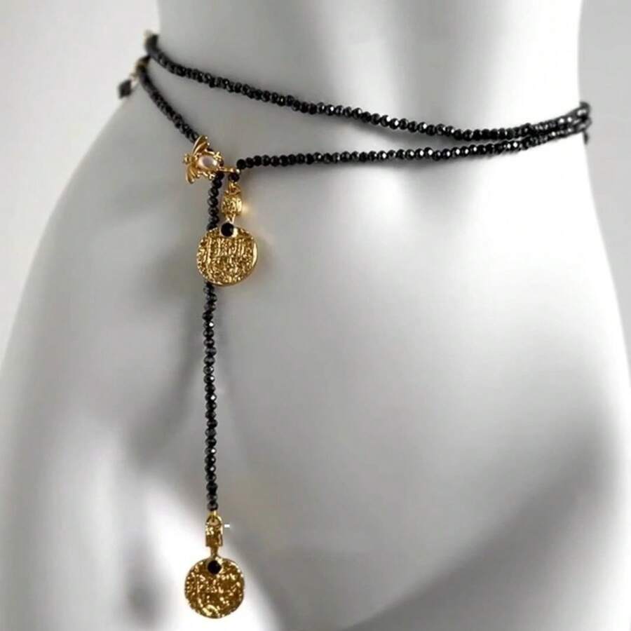 Vintage Bohemian Style Heavy Gold Coin Pendant Black Obsidian Beaded Necklace Long Layered Waist Chain For Women - 古著波西米亞風腰鏈 - 查看 1