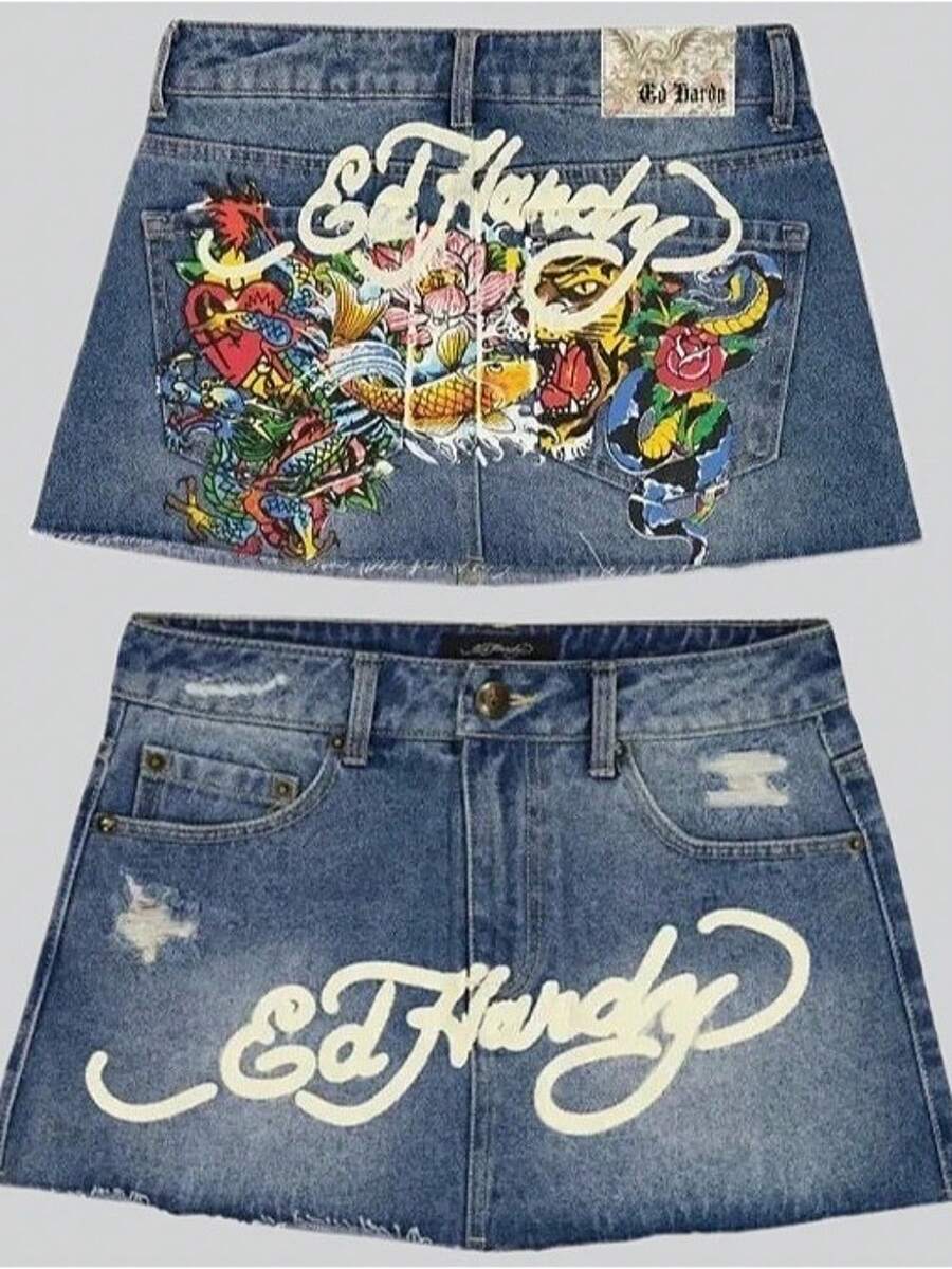 Skirt Y2k Harajuku Gothic Hip Hop Alphabet Print Retro Blue Denim Skirt Women's Fashion Casual Skirt - X02 - 查看 1