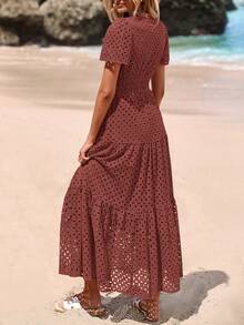 Women's Spring And Summer Maxi Dress Short Sleeve V Neck Hollow Out Eyelet A Line Long Flowy Wedding Guest Beach Vacation Dresses For Women - 棕紅色 - 查看 2
