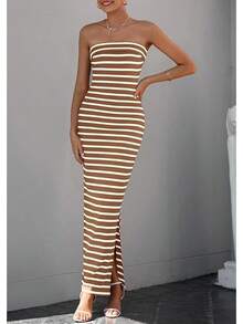 Women's Summer Bodycon Maxi Tube Dress Ribbed Strapless Side Slit Long Going Out Casual Elegant Party DressesHalloween Christmas New Year - 寬條紋棕白色 - 查看 8