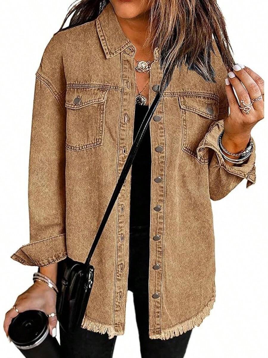 Vetinee Women's Oversized Button Up Frayed Hem Shacket Long Sleeve Pockets Denim Jean Jacket - 杏仁棕 - 查看 1