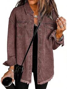 Vetinee Women's Oversized Button Up Frayed Hem Shacket Long Sleeve Pockets Denim Jean Jacket - 棕色石 - 查看 1
