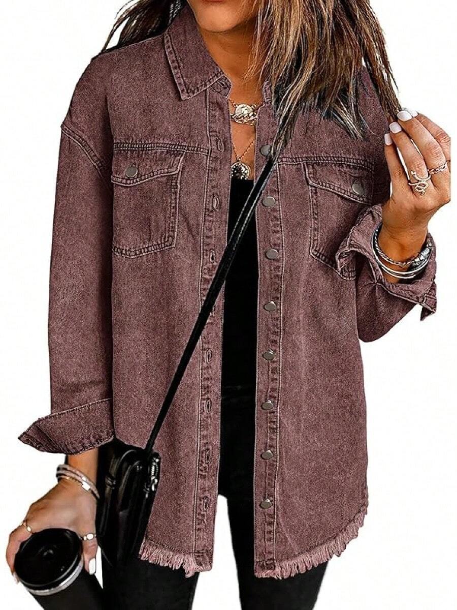 Vetinee Women's Oversized Button Up Frayed Hem Shacket Long Sleeve Pockets Denim Jean Jacket - 棕色石 - 查看 1