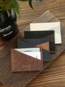 1pc Personalized Ultra-Thin Minimalist Card Holder, Customized Gold Letter Pattern Faux Leather Credit Card Wallet, Vintage Asymmetric Card Holder, Unisex, 2 Card Slots, Retro Card Wallet, Color Block Design, Front Pocket Wallet, Best Handmade Gift - Multicolor - View 3
