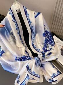 1 Peça Lenço de Seda Falsa com Estampa Floral Feminino, Xale Floral Versátil da Moda para Viagem e Decoração Diária, Primavera/Outono