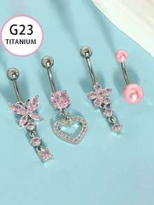 4pcs G23 Titanium Navel Rings Set, Cubic Zirconia Heart, Butterfly & Flower Shaped Navel Rings/Studs, Suitable For Women's Daily Wear - 4-piece Set - View 1