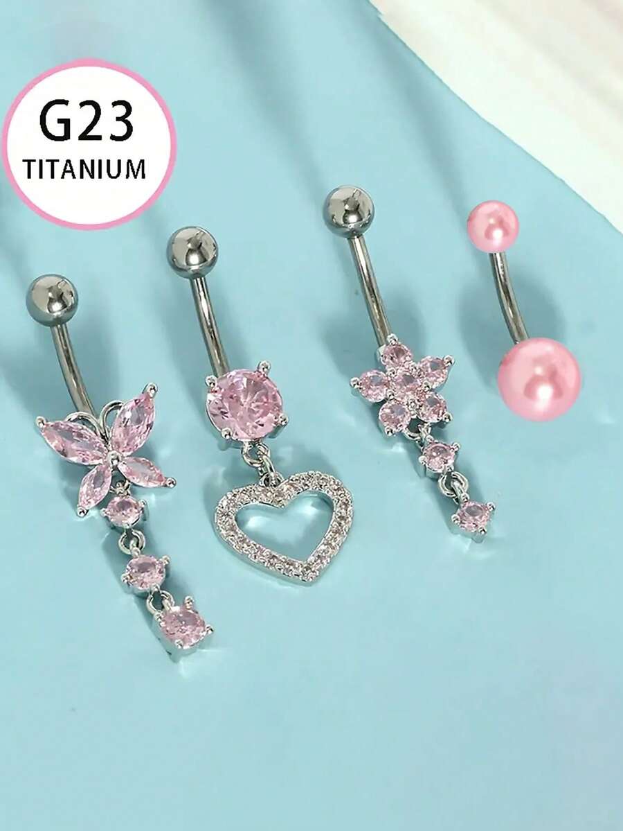 4pcs G23 Titanium Navel Rings Set, Cubic Zirconia Heart, Butterfly & Flower Shaped Navel Rings/Studs, Suitable For Women's Daily Wear - 4-piece Set - View 1