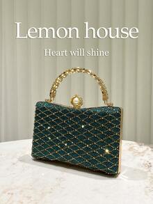 1 geantă de mână verde metalizat cu romburi și paiete, curea detașabilă cu lanț, poșetă elegantă, potrivită pentru rochii de seară, ocazii formale, nunți, petreceri, festivaluri