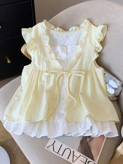 Cute Ruffle Trim Casual Women Top, Tie-Front 2 In 1 Korean Style Cap Sleeve T-Shirt, Back To School