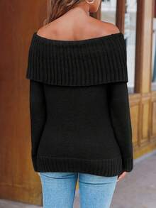 Women's Off The Shoulder Sweater Oversized Long Sleeve Ribbed Knit 2025 Fall Winter Fashion Pullover - 黑色 - 查看 6