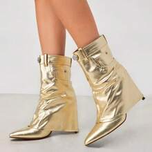 Elegant Women's Heeled Boots With Mid-Calf Height, Pointed Front, And Fashion Pocket Accent - 金色 - 查看 3