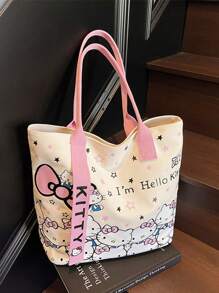Sanrio Hello Kitty Bag Women's Large Capacity Tote Bag Travel Shoulder Handbag,Sanrio Hello Kitty Canvas Handbag, Cute KT Tote Shoulder Bag, Cartoon Versatile Tote Bag, Large Capacity Commuter Bag, Suitable For Travel, Back To School, Commuting
