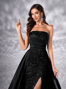 YISIKADO Pailletten-Kontrastkleid aus Satinstoff, trägerlos, mit Beinschlitz, Partykleid für Damen, Geburtstag, Abschlussball, Hochzeitsgast - Schwarz - Übersicht 7