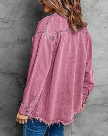 Vetinee Women's Oversized Button Up Frayed Hem Shacket Long Sleeve Pockets Denim Jean Jacket - 紫丁香玫瑰 - 查看 2